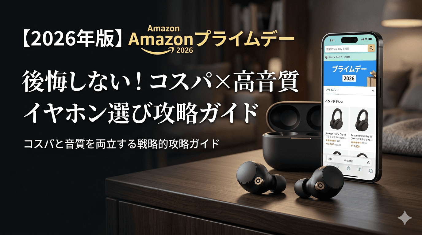 「2026年Amazonプライムデー」のロゴとともに、高級感のある黒のワイヤレスイヤホンとスマートフォンが木製デスクに置かれた高品質なサムネイル画像。テキストで「後悔しない！コスパ×高音質 イヤホン選び攻略ガイド」と記載。