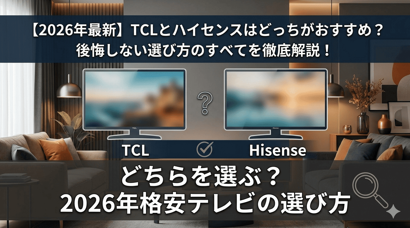 2026年最新のTCLとハイセンスのテレビ比較。どちらを選ぶべきか、格安テレビの選び方を解説するサムネイル画像。