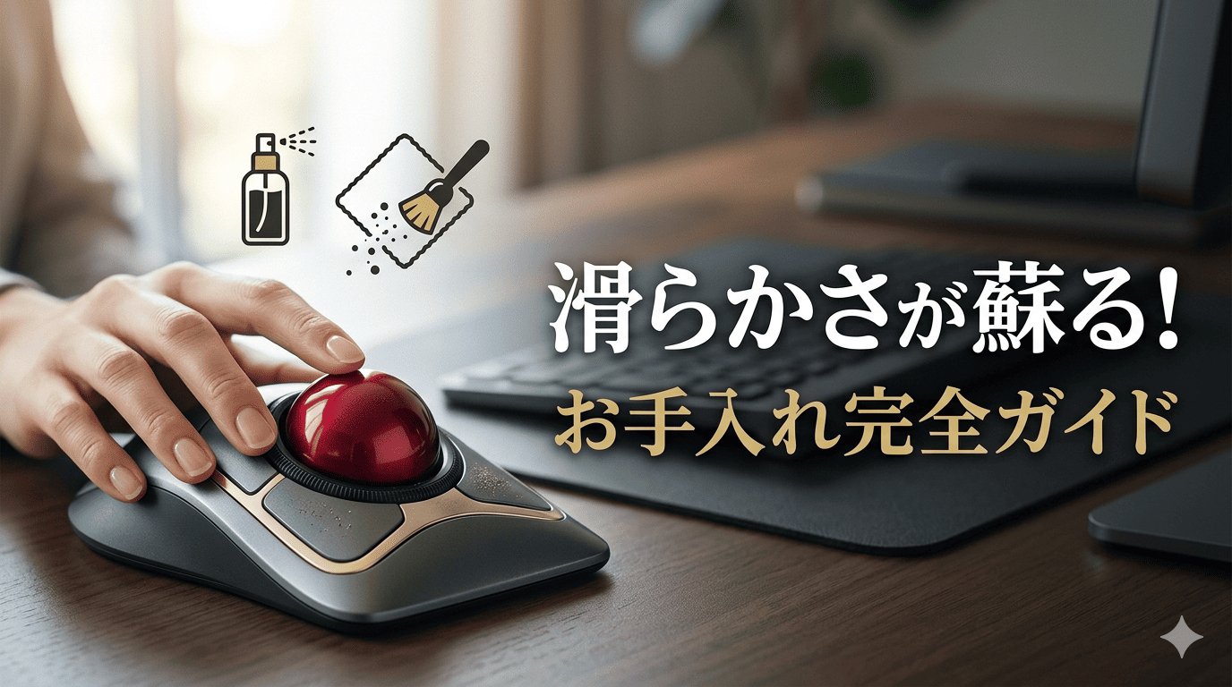 トラックボールマウスをお手入れする様子と「滑らかさが蘇る！お手入れ完全ガイド」というキャッチコピーが入ったアイキャッチ画像