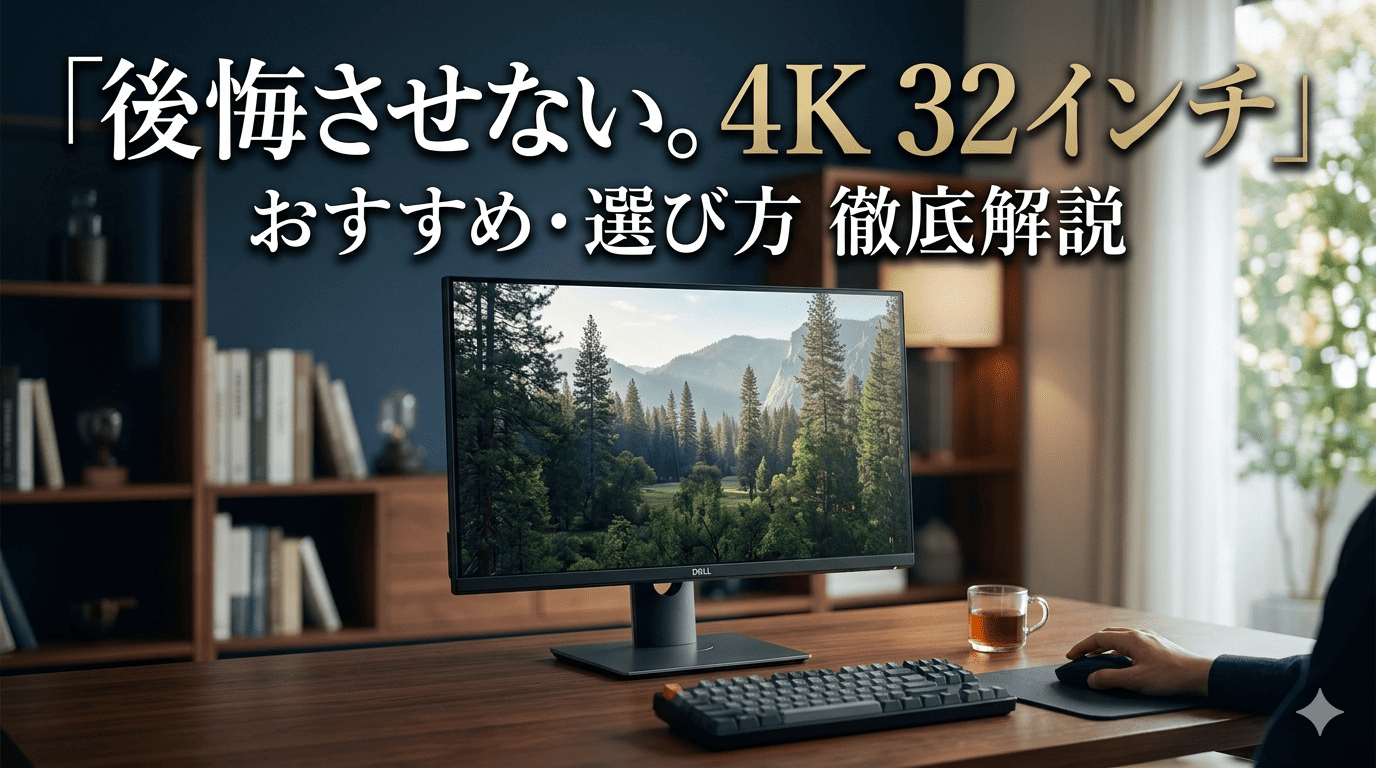 「後悔させない。4K 32インチ」の文字と、落ち着いた書斎に置かれた高品質な32インチモニターの画像