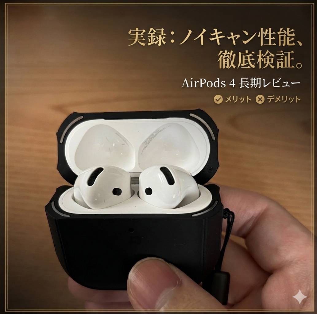 AirPods 4長期レビューのブログ用サムネイル。黒いケースに入ったAir Pods 4本体を手に持っている写真に、「実録：ノイキャン性能、徹底検証。」というキャッチコピーが添えられている。